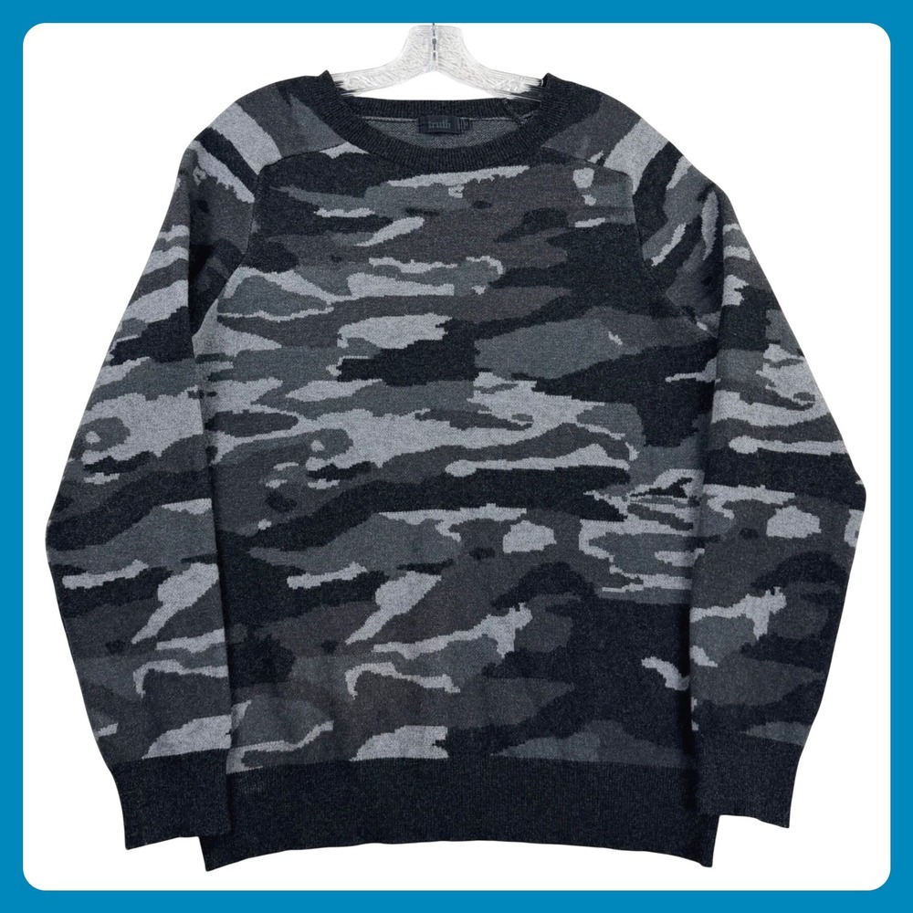 Truth Camo Crewneck Sweater Men Medium Gray Black Long Sleeve Knit SOFT AF